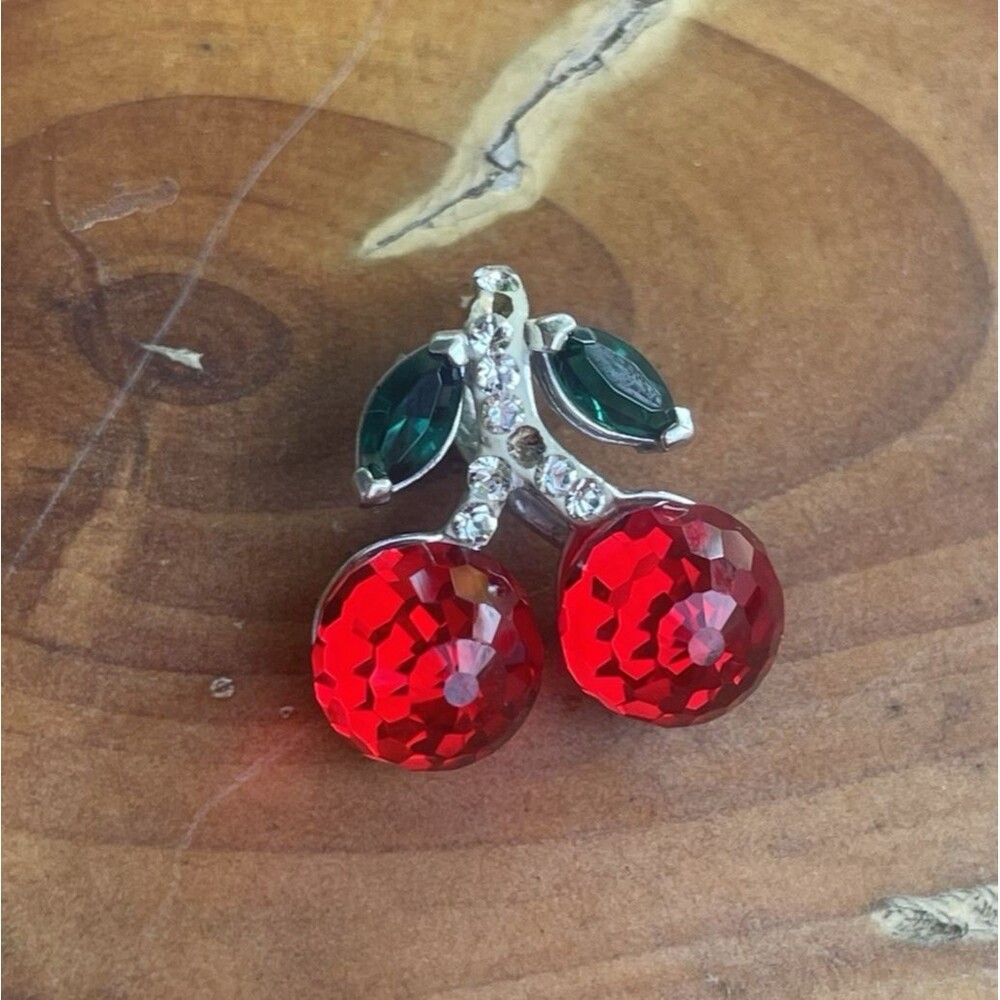 Vintage .925 Silver and Crystals Pendant Double Red Cherrys 2 Missing Stones